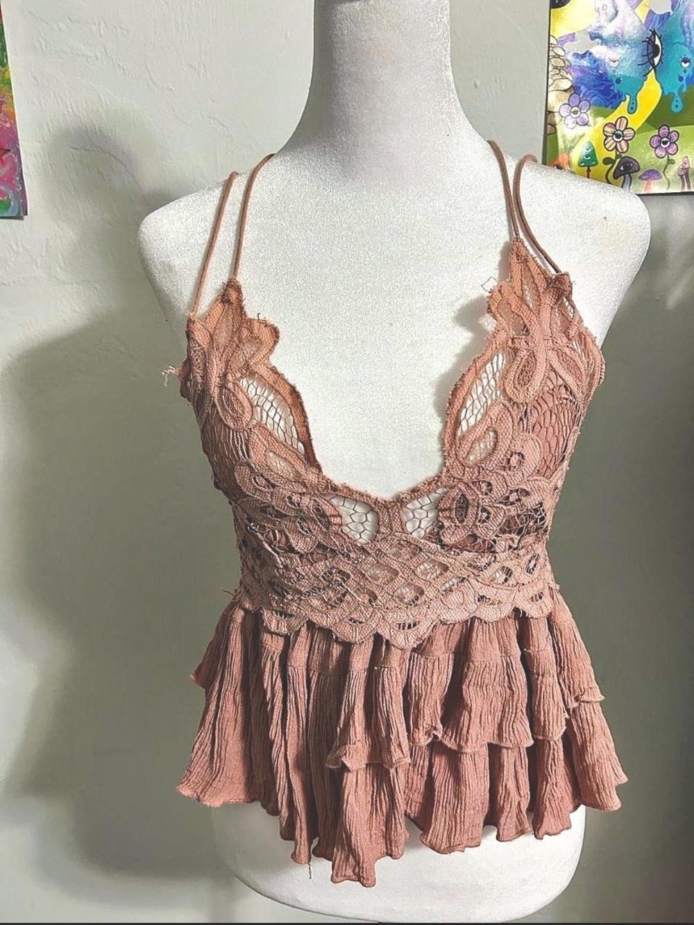 Free People Rose Taupe Crochet Lace Tiered Camisole